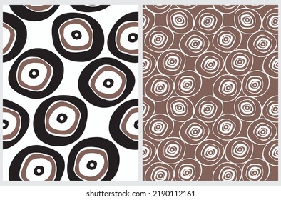 Simple Hand Drawn Vector Patterns. Freehand Brush Dots and Circles on a White and Brown Background. Modern Irregular Geometric Seamless Pattern. Cool Abstract Repeatable Doodle Print.