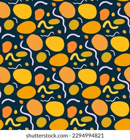 Simple Hand Drawn Vector Patterns. Free hand Yellow and Dark Orange Brush Dots of Irregular Shape Isolated on a Dark Background. Modern Geometric Seamless Pattern. 