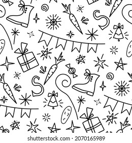 Simple hand drawn vector seamless pattern in doodle style. Celebration of St. Nicholas Day, Sinterklaas. Traditional holiday. For printing wrapping paper, gifts, textiles.