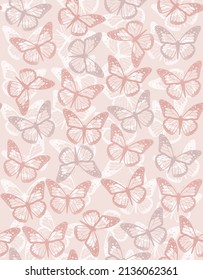 Simple Vector de mano desmontado patrón sin inconvenientes con Butterfies color rosa. Impresión vectorial elegante ideal para papel de tela, textil, envolvimiento. Impresión De Mariposas Delicadas.