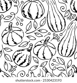 Simple hand drawn vector seamless pattern. Pumpkin, leaves, rowan berries. Food, vegetables. Autumn harvest, thanksgiving day. Black outline on a white background.