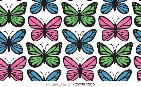 Simple hand drawn vector seamless pattern background with colorful butterflies on white backdrop. Cute bright spring Easter print