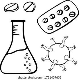Simple hand drawn vector set of illustrations: blisters, round pills, flask and virus. Black and white drawing