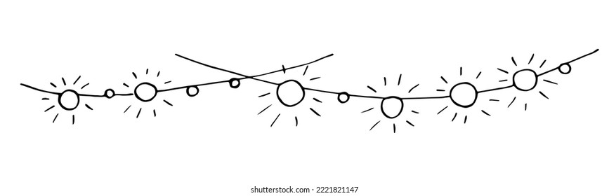 Simple hand drawn vector sketch in ink. Horizontal garland of glowing bulbs, bright lights. New Year, Christmas decor.