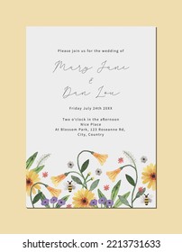 Simple hand drawn wild floral watercolour wedding invitation card