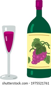 Simple hand drawn wine bottle and wine glass flat colored