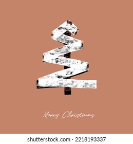 Ilustración de vectores de vacaciones de invierno con mano simple. Árbol de abstracto blanco-negro y "Feliz Navidad" con un fondo marrón ideal para impresión navideña. Tarjeta de navidad de dibujo a mano libre.