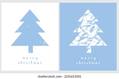 Ilustración de vectores de vacaciones de invierno con mano simple. Resumen Árbol Spruce y Deseos "Feliz Navidad" manuscritos en un fondo blanco y azul ideal para la impresión navideña. Grunge Drawing Xmas Card.