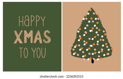 Simple Hand Drawn Winter Holidays Vector Illustrations. Green Abstract Christmas Tree with Orange, Pink and White Lights on a Brown Background ideal for Christmas Print. Infantile Style Xmas Card.
