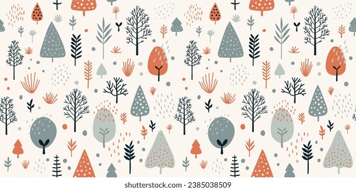 El invierno simple dibujado a mano vibra elementos de naturaleza de árboles forestales sin fisuras patrón vectorial, papel digital. El diseño minimalista moderno de la superficie.