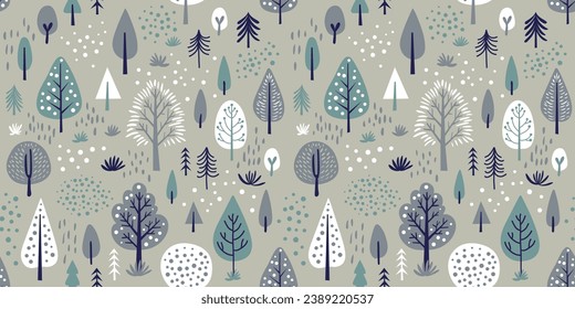 El invierno simple dibujado a mano vibra elementos de naturaleza de árboles forestales sin fisuras patrón vectorial, papel digital. El diseño minimalista moderno de la superficie.