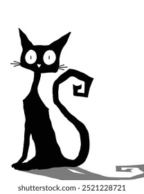 Simple hand drawn witch black cat with big eyes. Spooky cat with shadow isolated on white background, place for your text.