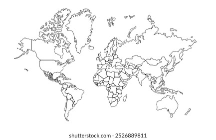 Simple dibujado a mano mapa del mundo con estilo continentes sombras en líneas mínimas delinear delgadas Formas aisladas Ilustración vectorial sobre fondo blanco elemento de diseño Plantilla para el corte por láser