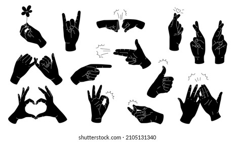 Simple hand gestures black silhouettes. Vector set isolated on white background. OK, love, pinky swears, high five, fist bump, fingers crossed, and pointing gestures.