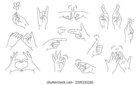 Simple hand gestures linear vector set. Vector set isolated on white background. OK, love, pinky swears, high five, fist bump, fingers crossed, and pointing gestures.