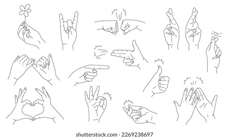 Simple hand gestures linear vector set. Editable stroke. Vector set isolated on white background. OK, love, pinky swears, high five, fist bump, fingers crossed, and pointing gestures.