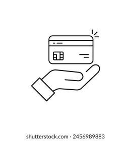 simple hand holding linear credit card. black stroke trend modern lineart membership discount logotype graphic art design isolated on white. concept of virtual marketing symbol and financial sign