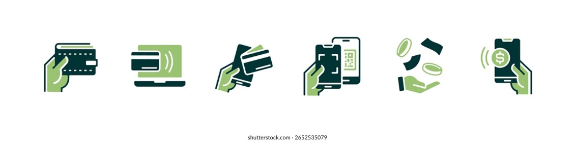 simples mão segurando móvel ícone de pagamento online conjunto negócio sem dinheiro carteira compra sinais de transação vetor ilustração financeira digital código de digitalização dinheiro símbolo de transferência design