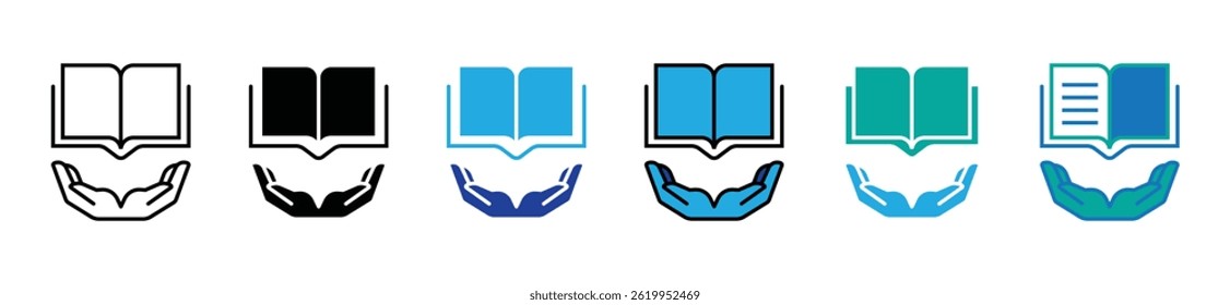 Mano simple que sostiene el icono del libro abierto Conjunto de Bibliotecas de educación Curso de aprendizaje digital Ilustración vectorial de lectura Medios de comunicación Diseño de símbolos de negocios