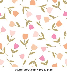 Simple, hand illustrated retro seamless vector tulip floral pattern.  Abstract, hand drawn peach and pink tulip flowers on a white background.