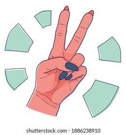 Simple hand illustration with fingers showing ok, two fingers sign.