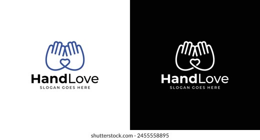 Simple Hand Love Logo. Hand Praying, Give, Care with Linear Outline Style. Hand Heart Logo Icon Symbol Vector Design Inspiration.