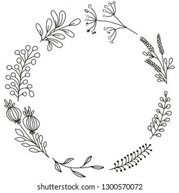 Simple hand made drawing botanical flower and leaf laurel frame. Good template for wedding invitation, print, paper, framing calligraphy and lettering design.
