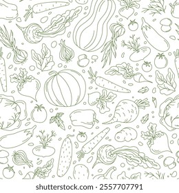 Simple hand made vegetable vector seamless pattern in monochrome green set against transparent background. Doodles of pumpkin, onion, and other veggies creating a charming mood of restaurant ambiance.