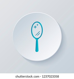 Simple hand mirror icon. Cut circle with gray and blue layers. Paper style