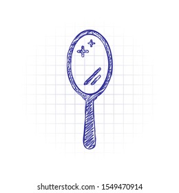 Simple hand mirror icon. Hand drawn sketched picture with scribble fill. Blue ink. Doodle on white background