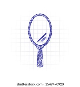Simple hand mirror icon. Hand drawn sketched picture with scribble fill. Blue ink. Doodle on white background