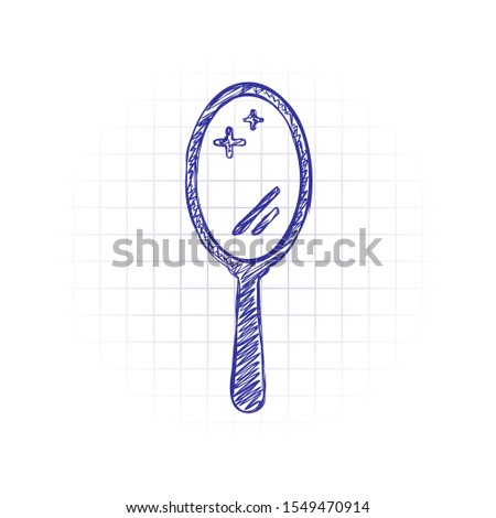 Simple hand mirror icon. Hand drawn sketched picture with scribble fill. Blue ink. Doodle on white background