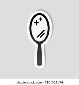 Simple hand mirror icon. Sticker style with white border and simple shadow on gray background