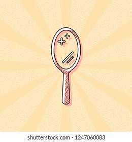 Simple hand mirror icon. Vintage retro typography with offset printing effect. Dots poster with comics pop art background