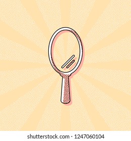 Simple hand mirror icon. Vintage retro typography with offset printing effect. Dots poster with comics pop art background