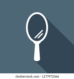 Simple hand mirror icon. White flat icon with long shadow on background