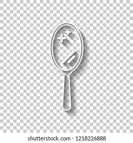 Simple hand mirror icon. White outline sign with shadow on transparent background