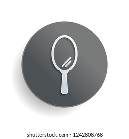 Simple hand mirror icon. White paper symbol on gray round button or badge with shadow