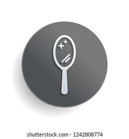 Simple hand mirror icon. White paper symbol on gray round button or badge with shadow
