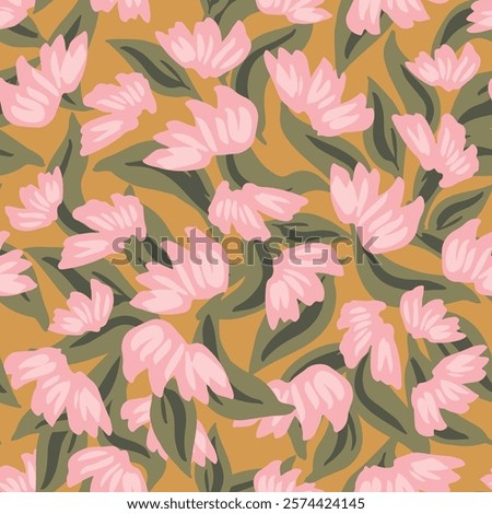 Simple, hand painted feather like flowers arranged as beautiful flowerbed in pink, off white and green on yellow background. A seamless vector pattern. Great for homedecor, fabric, wallpaper, giftwrap