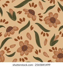 Simple hand painted flowers and leaves carried away by the wind in a neutral subtle palette of brown, cream and green on beige background. Beautiful floral seamless vector pattern. Great for homedecor