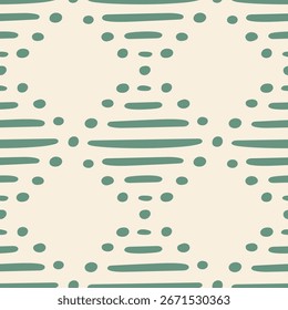 Simple hand painted lines and dots arranged as diamond argyle design in colors of green on beige background. Abstract seamless vector pattern. Great for home decor, fabric, wallpaper, gift wrap, etc.