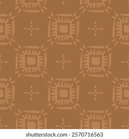 Simple hand painted squares creating a beautiful ethnic geometric pattern in a subtle earth tone palette of cream on brown background. Seamless vector pattern. Great for home decor, fabric, wallpaper.