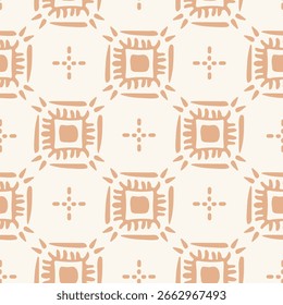 Simple hand painted squares creating a beautiful ethnic geometric pattern in colors of cream and off white. Folk art seamless vector pattern. Great for home decor, fabric, wallpaper, gift wrap, etc.