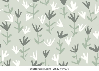 Simple, hand painted tiny florals on a grassland meadow in shades of green and white. Minimalist botanical floral seamless vector pattern. Great for home decor, fabric, wallpaper, gift wrap,stationery