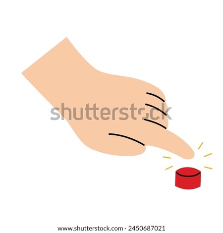 Simple hand pushing red button, starting, launching, turning on, activating something. Hand drawn vector illustration, isolated on white