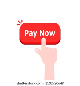 simple hand with red pay now button. flat cartoon style trend modern logotype graphic art user interface design isolated on white background. concept of urgent or timely online payment by client