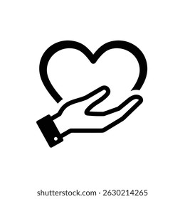 Simple hand symbol offering and holding a heart shape symbolizing charity and support