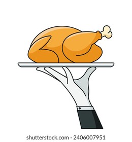 Simple hand of waiter holding serving plate with baked bird. Roast turkey or chicken on platter for traditional holiday dinner. Vector flat illustration