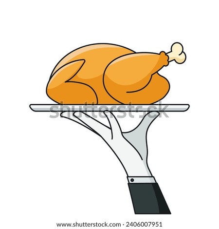 Simple hand of waiter holding serving plate with baked bird. Roast turkey or chicken on platter for traditional holiday dinner. Vector flat illustration
